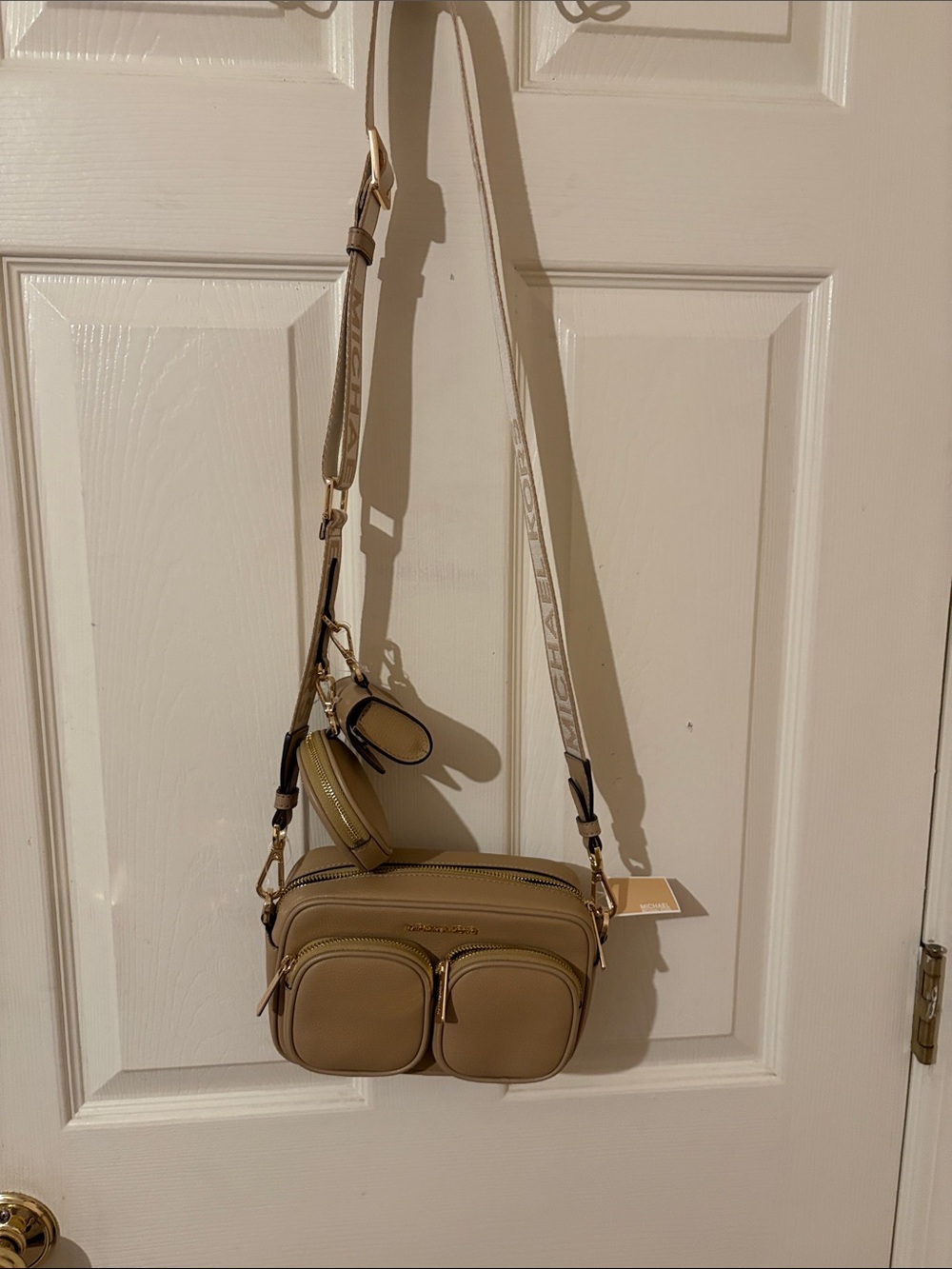 Michael Kors Taupe Round Leather Mini Coin Bag with Strap Accent